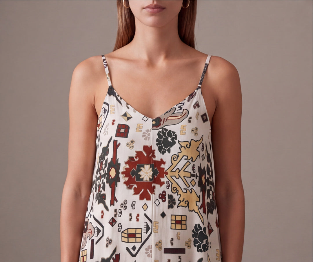 Krem vintage kilim ve etnik motifli ip askılı uzun kadın elbise - 8. görsel