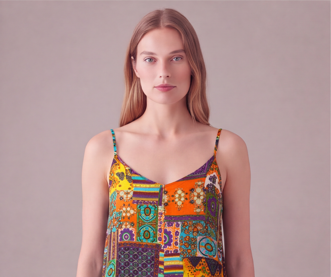 Turuncu yama görünümlü patchwork desenli düz kesim uzun yazlık kadın elbise - 2. görsel