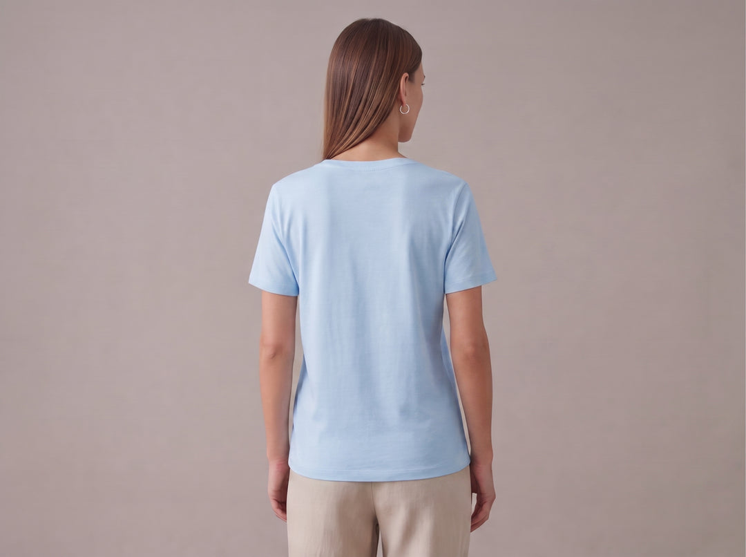 Mavi V yaka kısa kollu salaş kadın tişört - 15. görsel