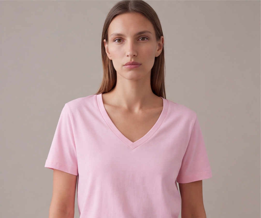 Pembe V yaka kısa kollu salaş kadın tişört - 7. görsel