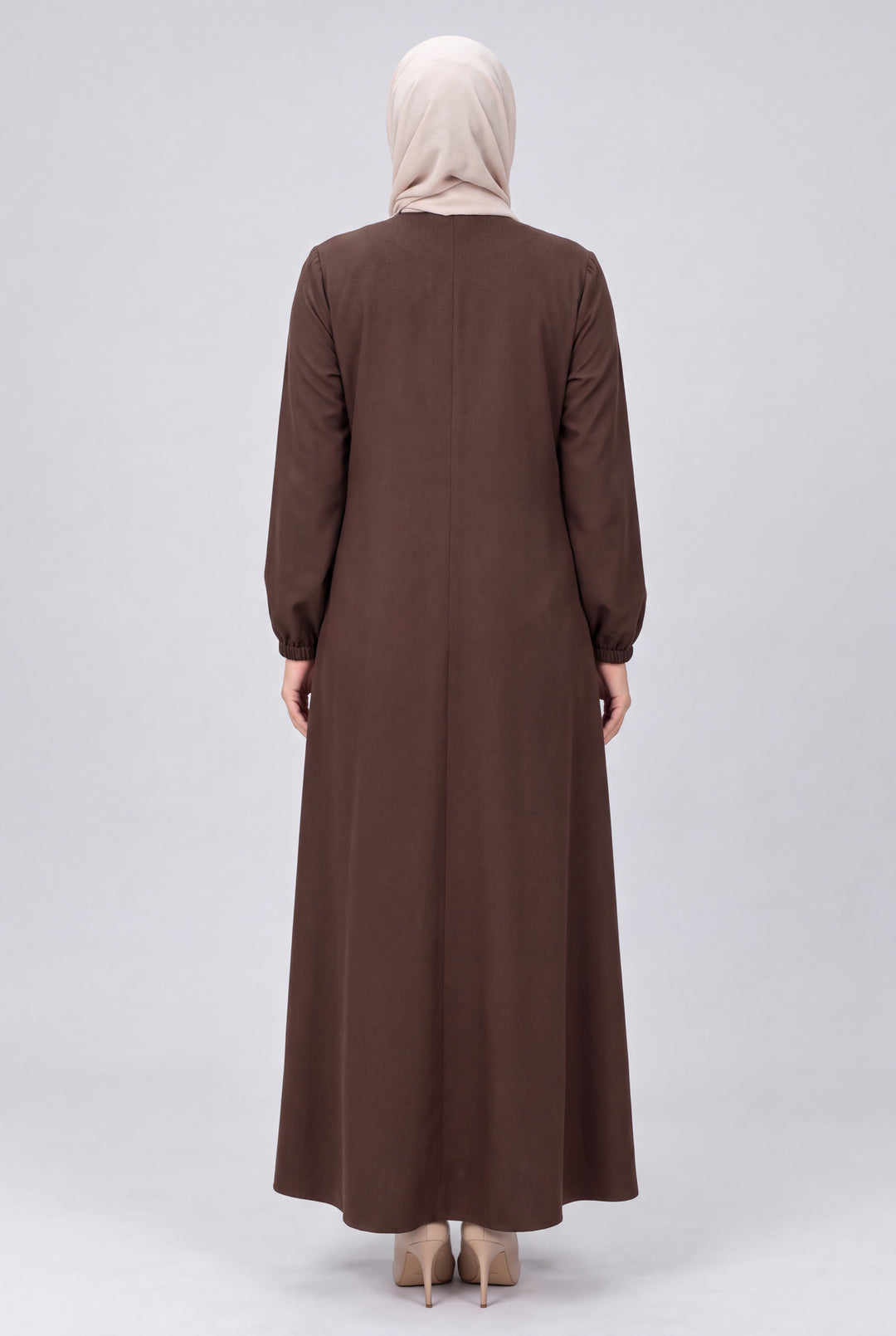 Süet Dokulu Düğmeli Kloş Elbise - Kahverengi - 3. görsel
