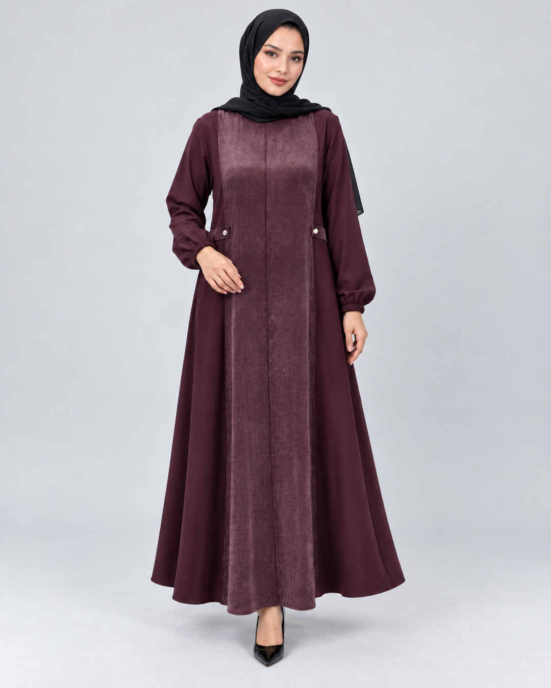 Süet Dokulu Düğmeli Kloş Elbise - Bordo - 2. görsel