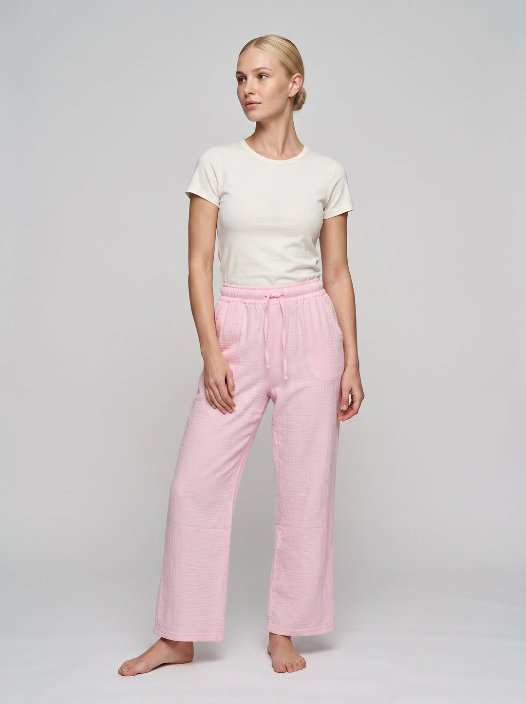 Pembe müslin kadın pantolon, %100 pamuk, beli lastikli - 3. görsel