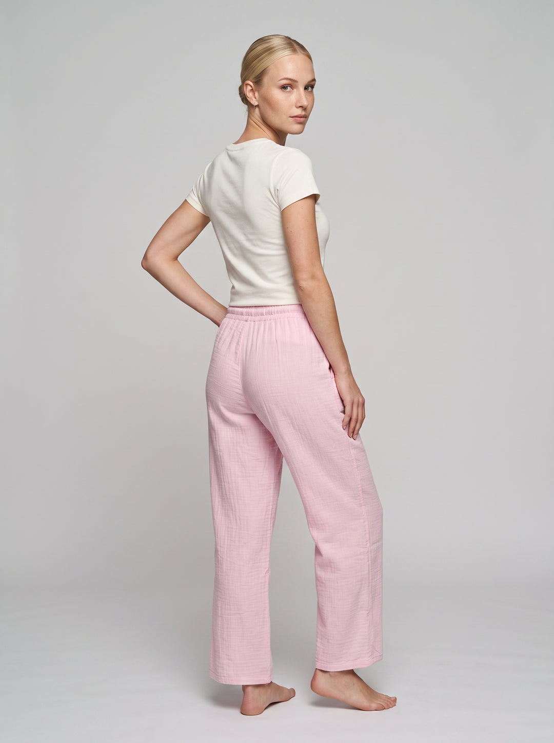 Pembe müslin kadın pantolon, %100 pamuk, beli lastikli - 4. görsel