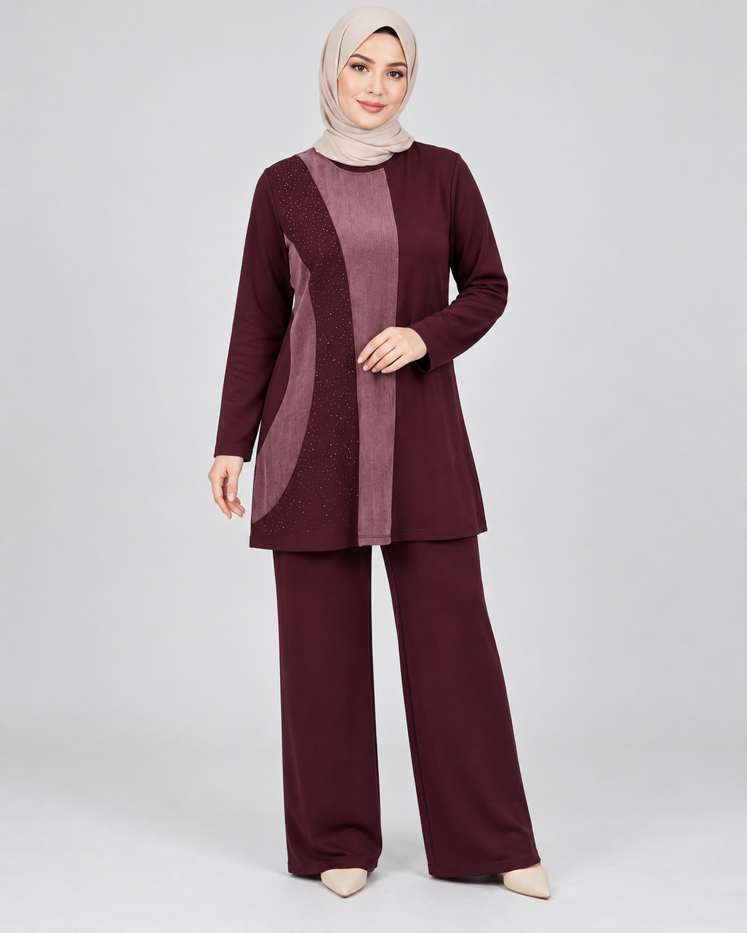 Renk Bloklu Taşlı Tunik Pantolon Takım - Bordo