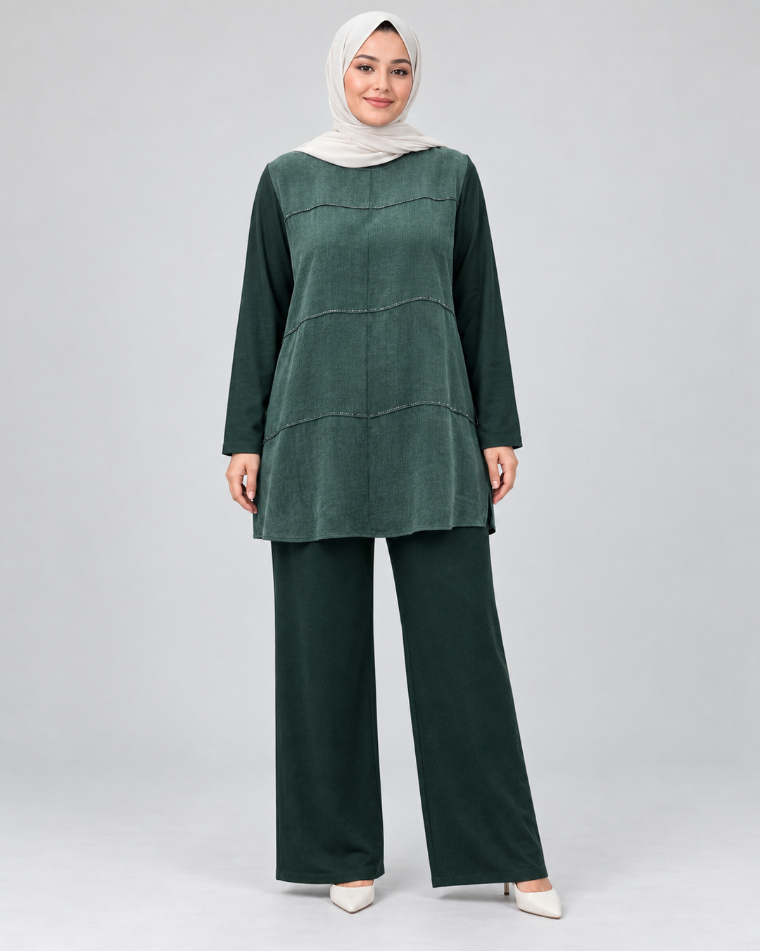 Süet Dokulu Tunik Pantolon Takım - Haki