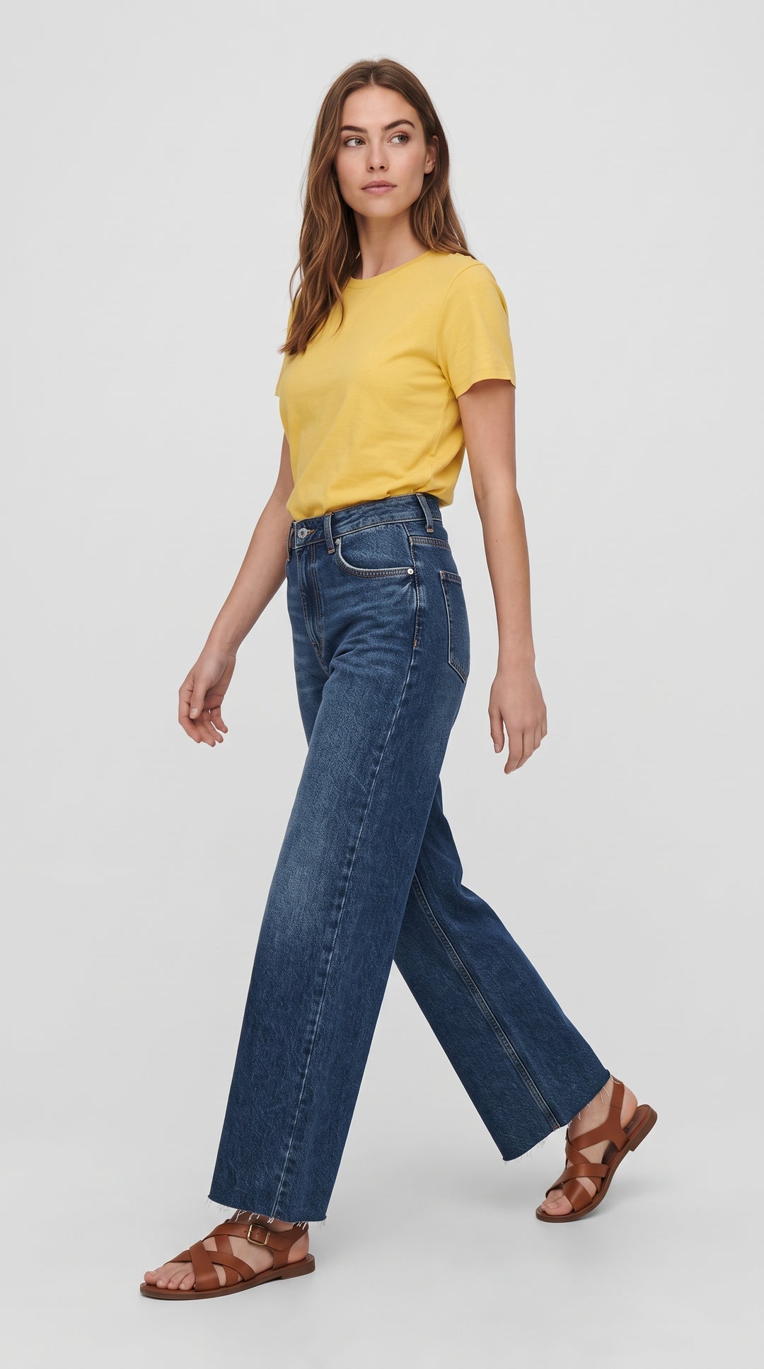 Koyu Mavi Kesik Paça Wide Leg Kot Pantolon - 3. görsel
