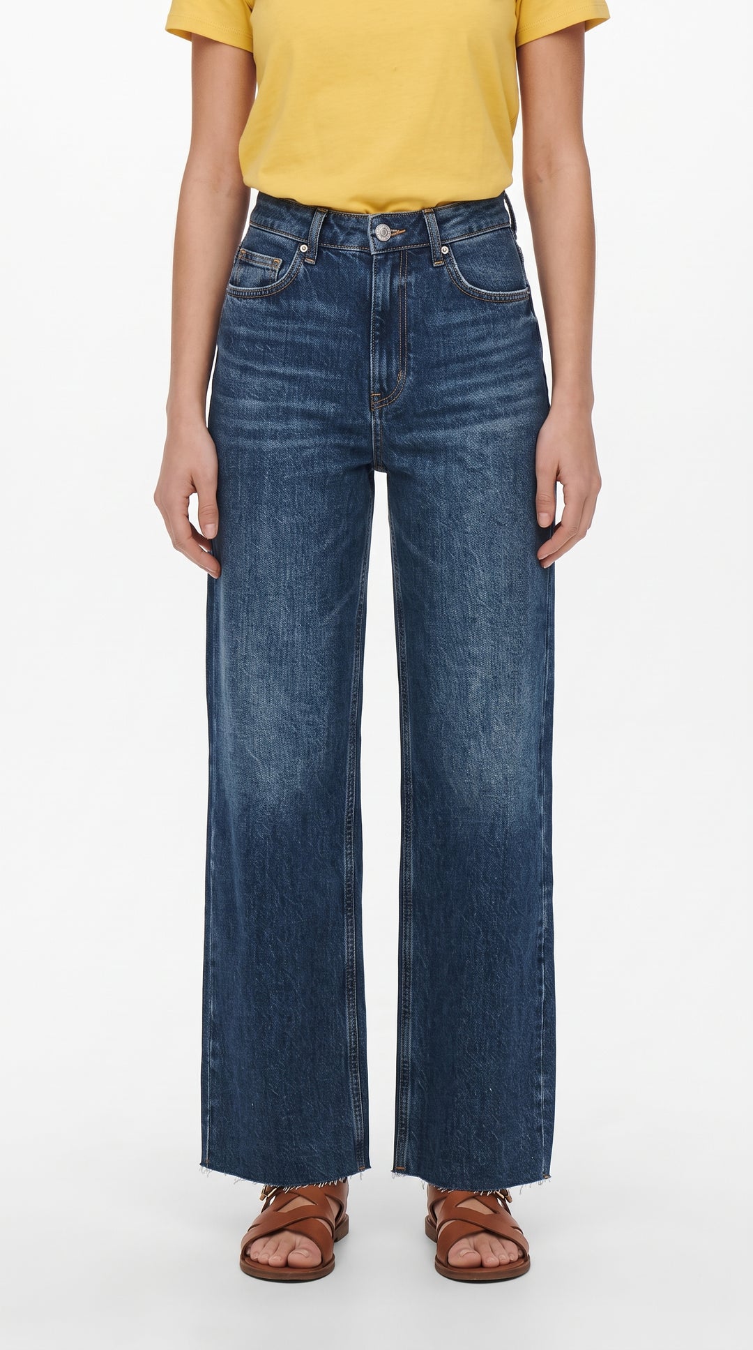 Koyu Mavi Kesik Paça Wide Leg Kot Pantolon - 4. görsel
