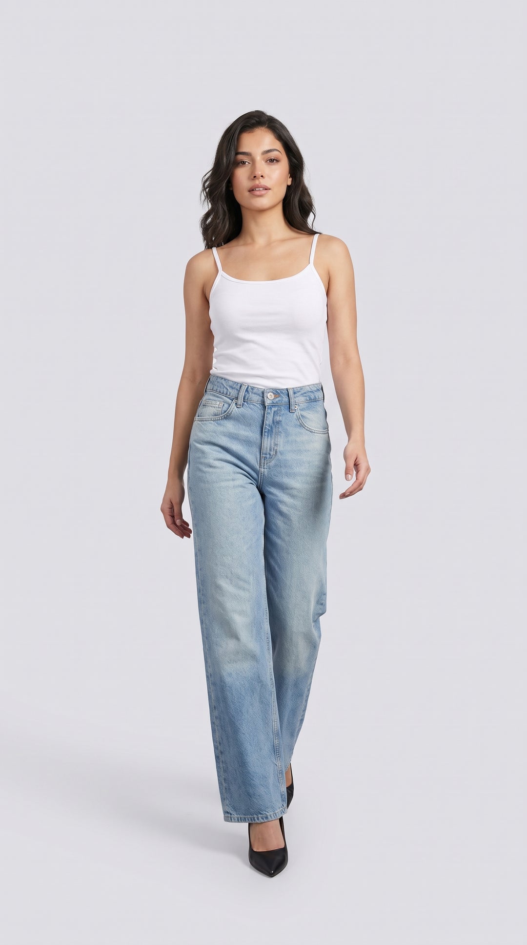 Yüksek Bel Orta Mavi Uzun Wide Leg Kot Pantolon