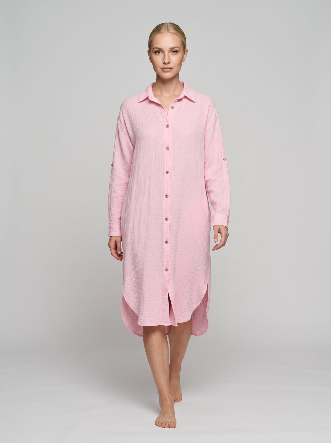 Pembe uzun müslin kadın gömlek, %100 pamuk, düğmeli