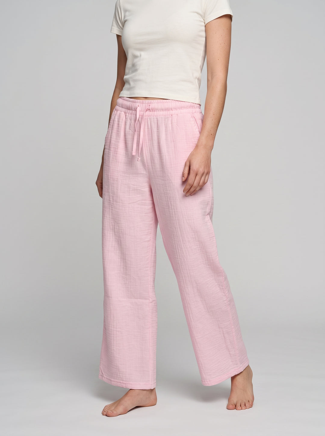 Pembe müslin kadın pantolon, %100 pamuk, beli lastikli - 6. görsel