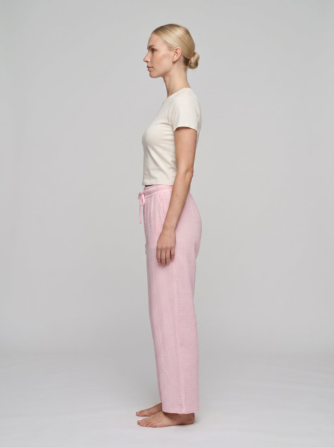 Pembe müslin kadın pantolon, %100 pamuk, beli lastikli - 8. görsel