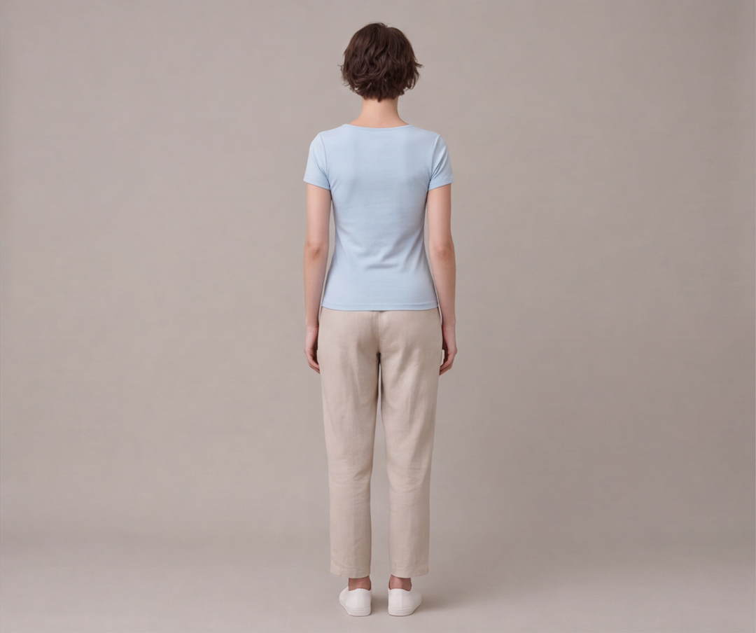 Mavi kare yaka kısa kollu kadın tişört - 21. görsel