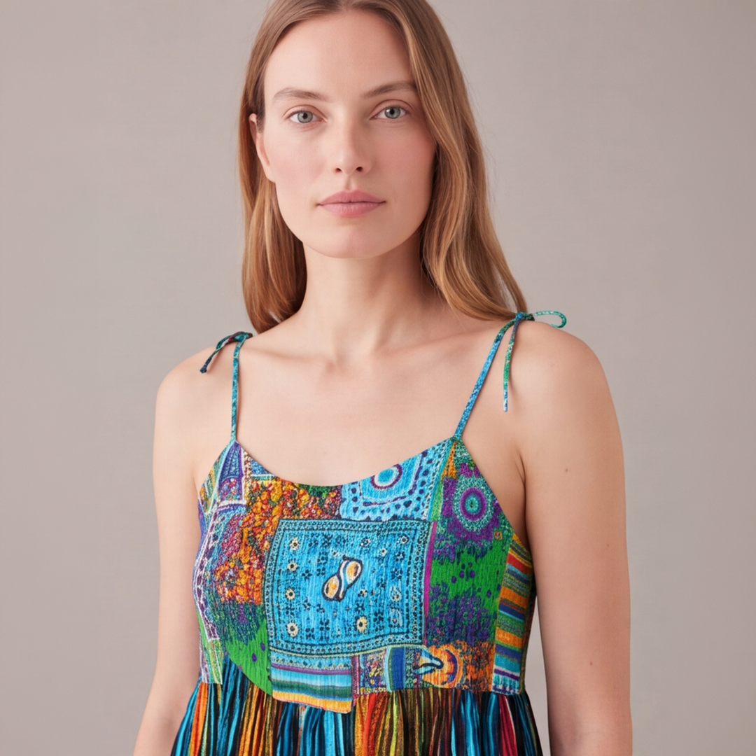 Mavi bohem patchwork desenli ip askılı kadın elbise - 20. görsel