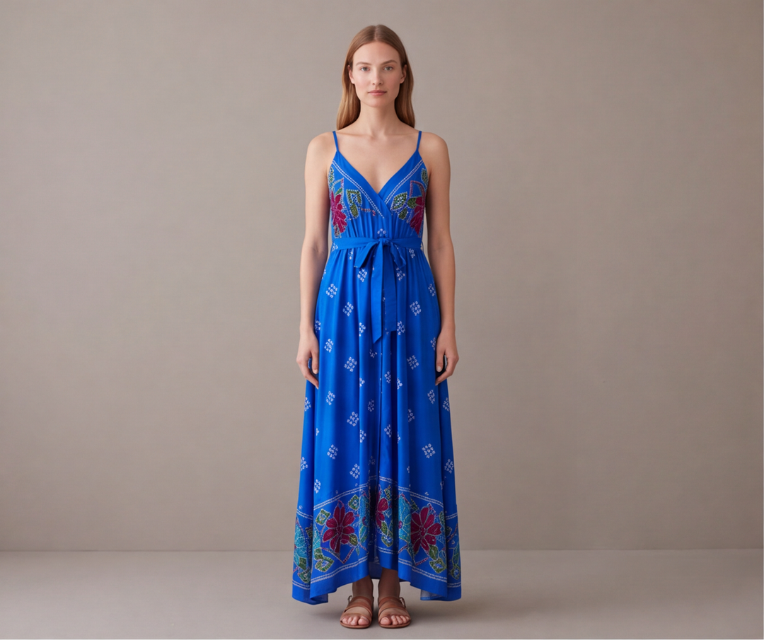 Mavi etnik motifli belden bağcıklı askılı maksi kadın elbise - 5. görsel