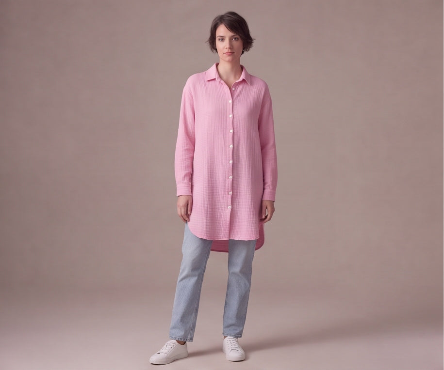 Pembe uzun müslin kadın gömlek, %100 pamuk, düğmeli - 26. görsel