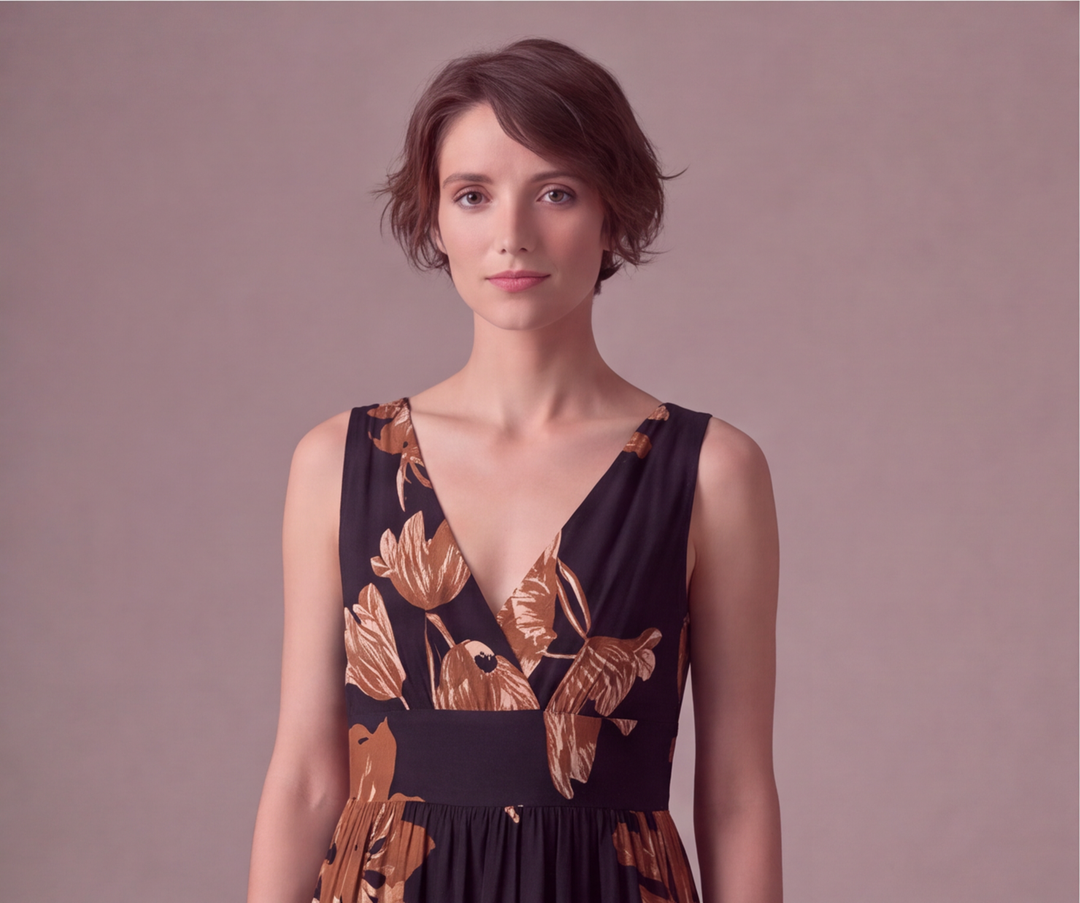 Kahverengi büyük çiçek desenli göğüs altı bantlı uzun kadın elbise - 8. görsel
