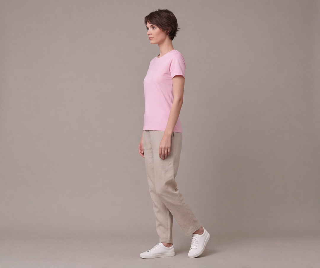Pembe yuvarlak yaka kısa kollu kadın tişört - 33. görsel
