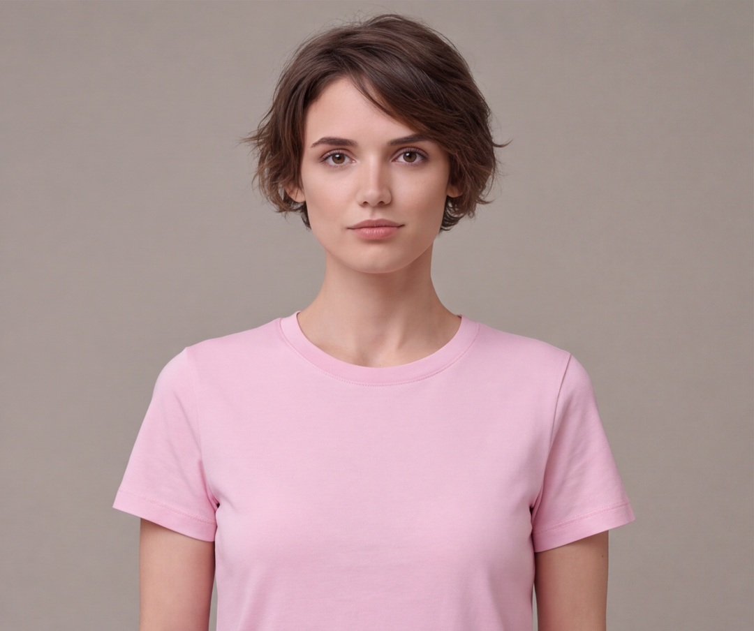 Pembe yuvarlak yaka kısa kollu kadın tişört - 32. görsel