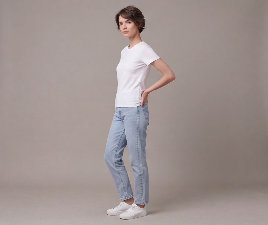 Beyaz yuvarlak yaka kısa kollu kadın tişört - 20. görsel