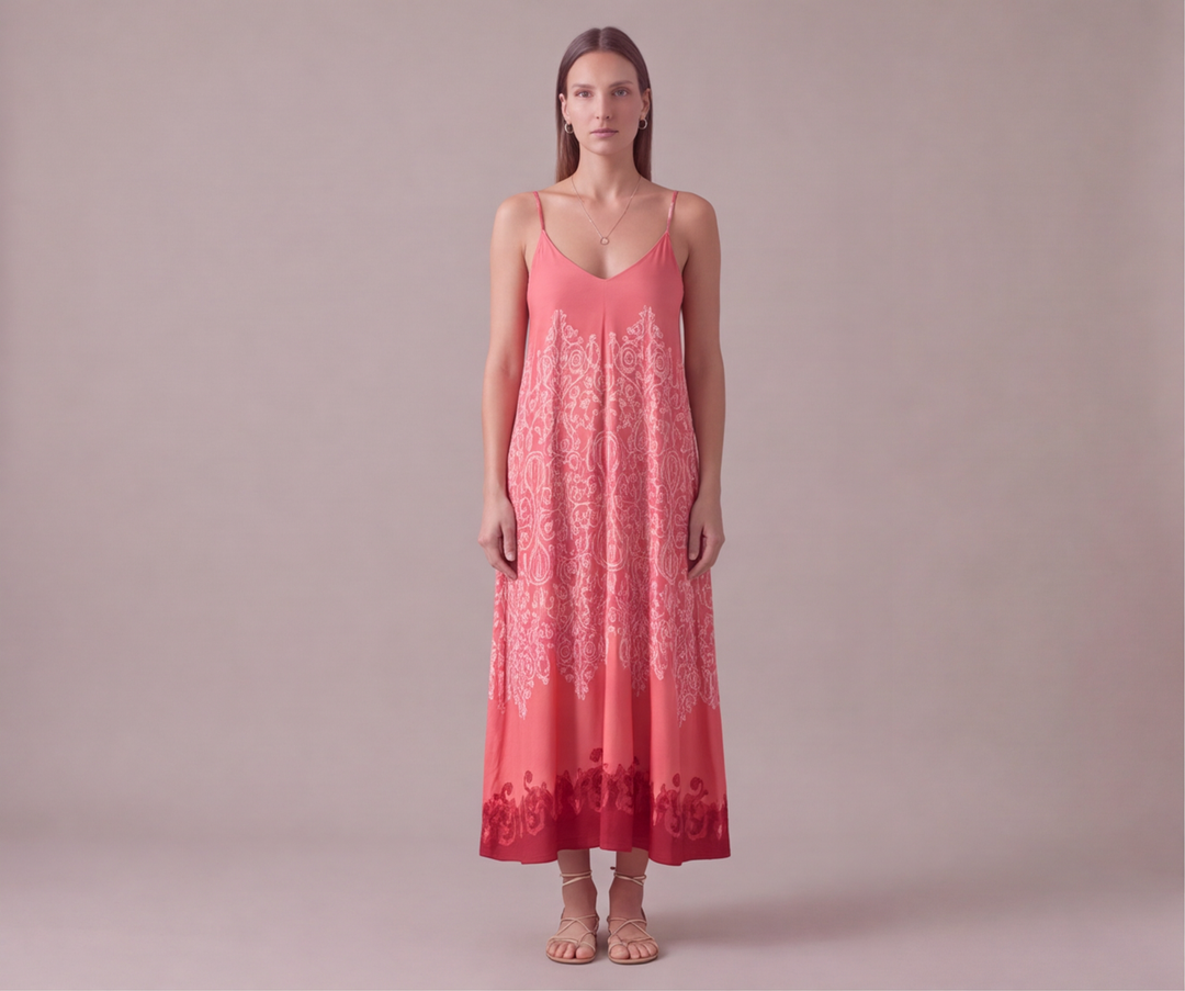 Pembe damask barok desenli ip askılı uzun kadın elbise - 19. görsel