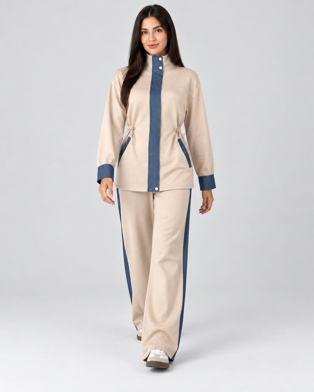 Denim Detaylı Modal Eşofman Takımı - Bej - 3. görsel