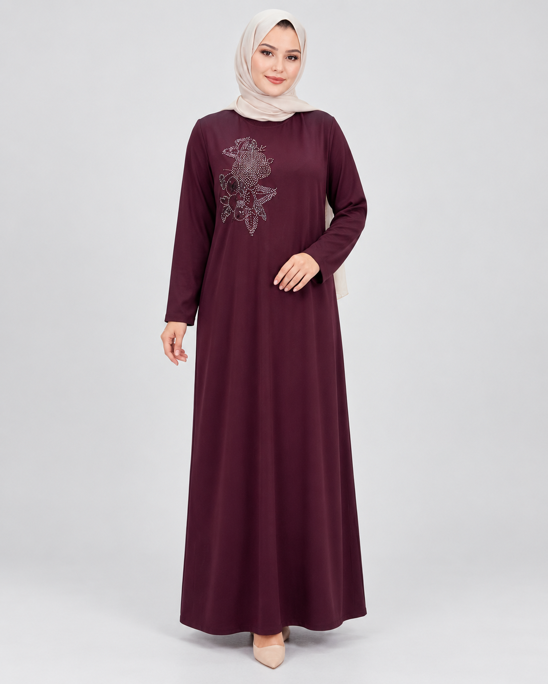 Taşlı Çiçek İşlemeli Uzun Elbise - Bordo