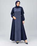 Süet Dokulu Düğmeli Kloş Elbise - Lacivert - 2. görsel
