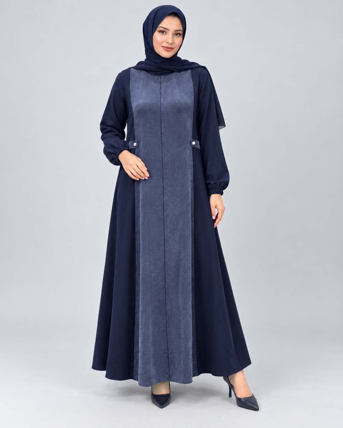 Süet Dokulu Düğmeli Kloş Elbise - Lacivert - 2. görsel