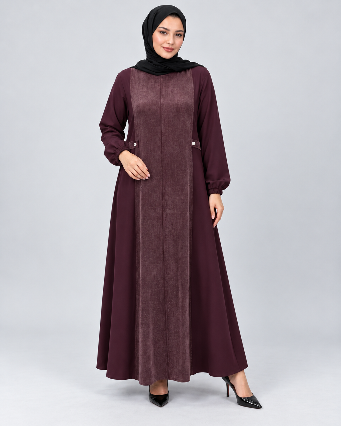 Süet Dokulu Düğmeli Kloş Elbise - Bordo