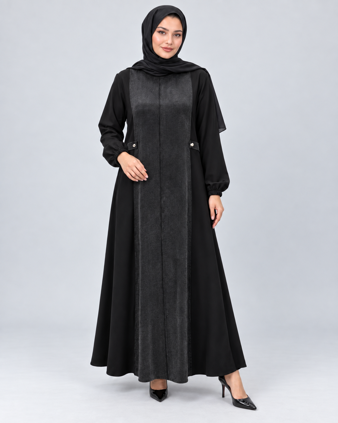 Süet Dokulu Düğmeli Kloş Elbise - Siyah - 2. görsel