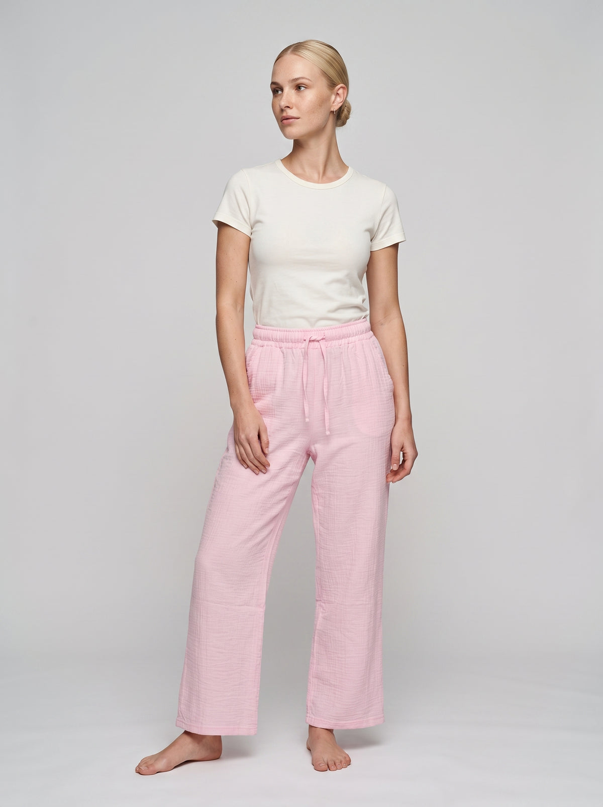 Pembe müslin kadın pantolon, %100 pamuk, beli lastikli - 3. görsel