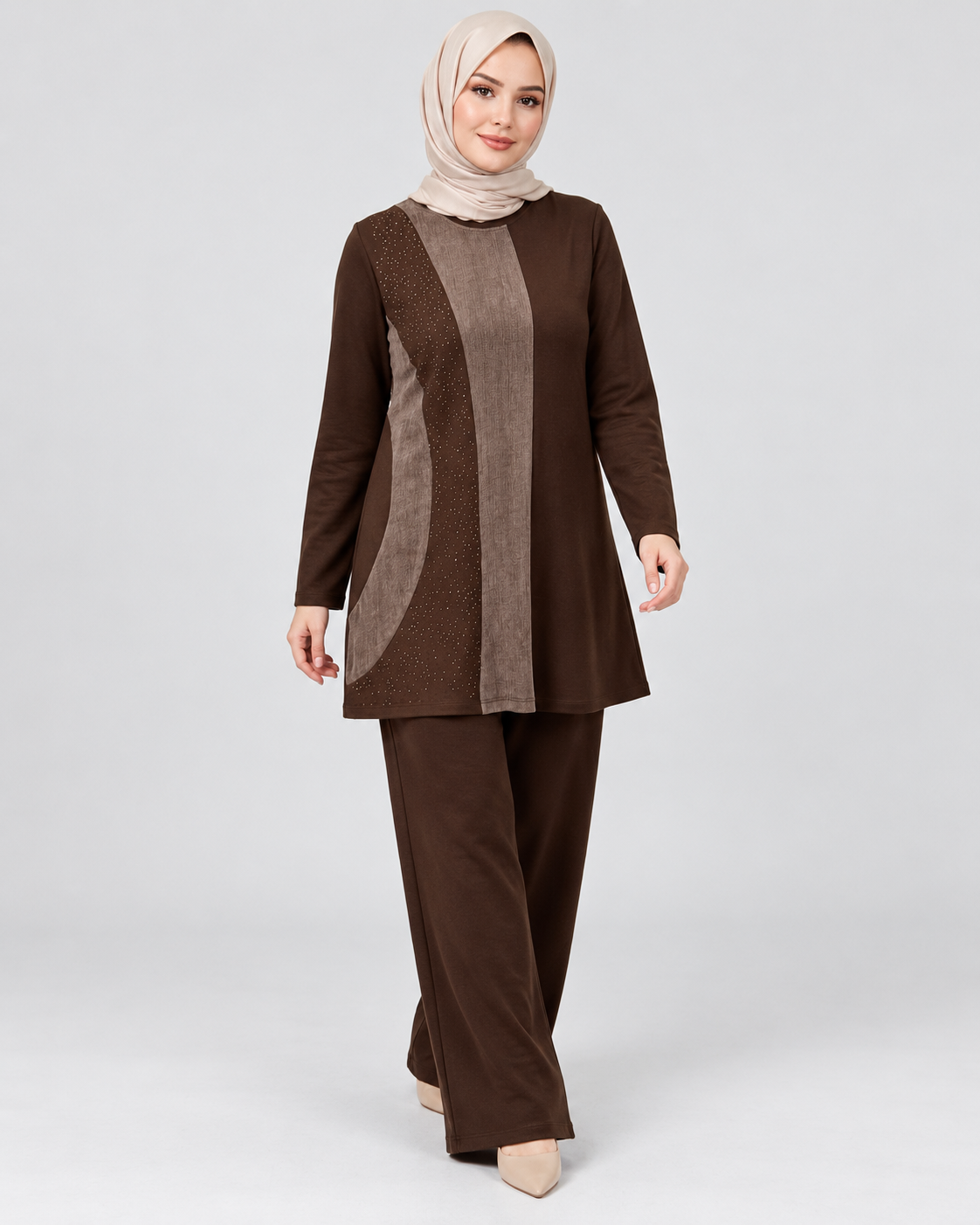 Renk Bloklu Taşlı Tunik Pantolon Takım - Kahverengi - 2. görsel
