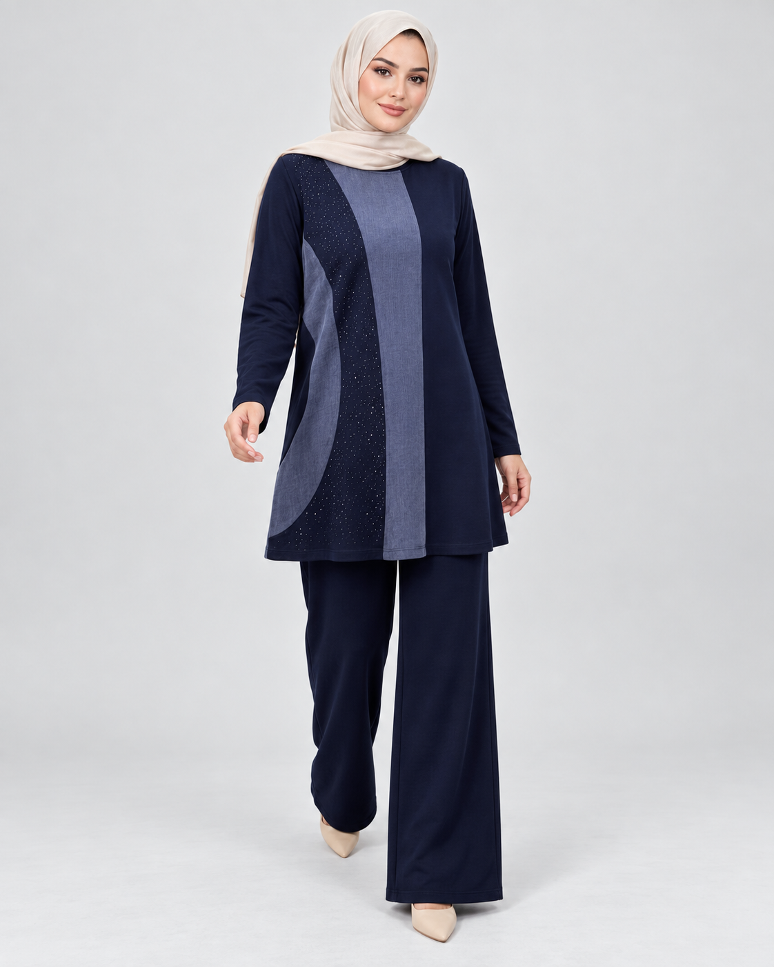 Renk Bloklu Taşlı Tunik Pantolon Takım - Lacivert - 2. görsel