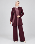 Renk Bloklu Taşlı Tunik Pantolon Takım - Bordo