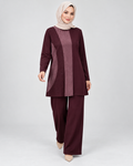 Renk Bloklu Taşlı Tunik Pantolon Takım - Bordo - 2. görsel