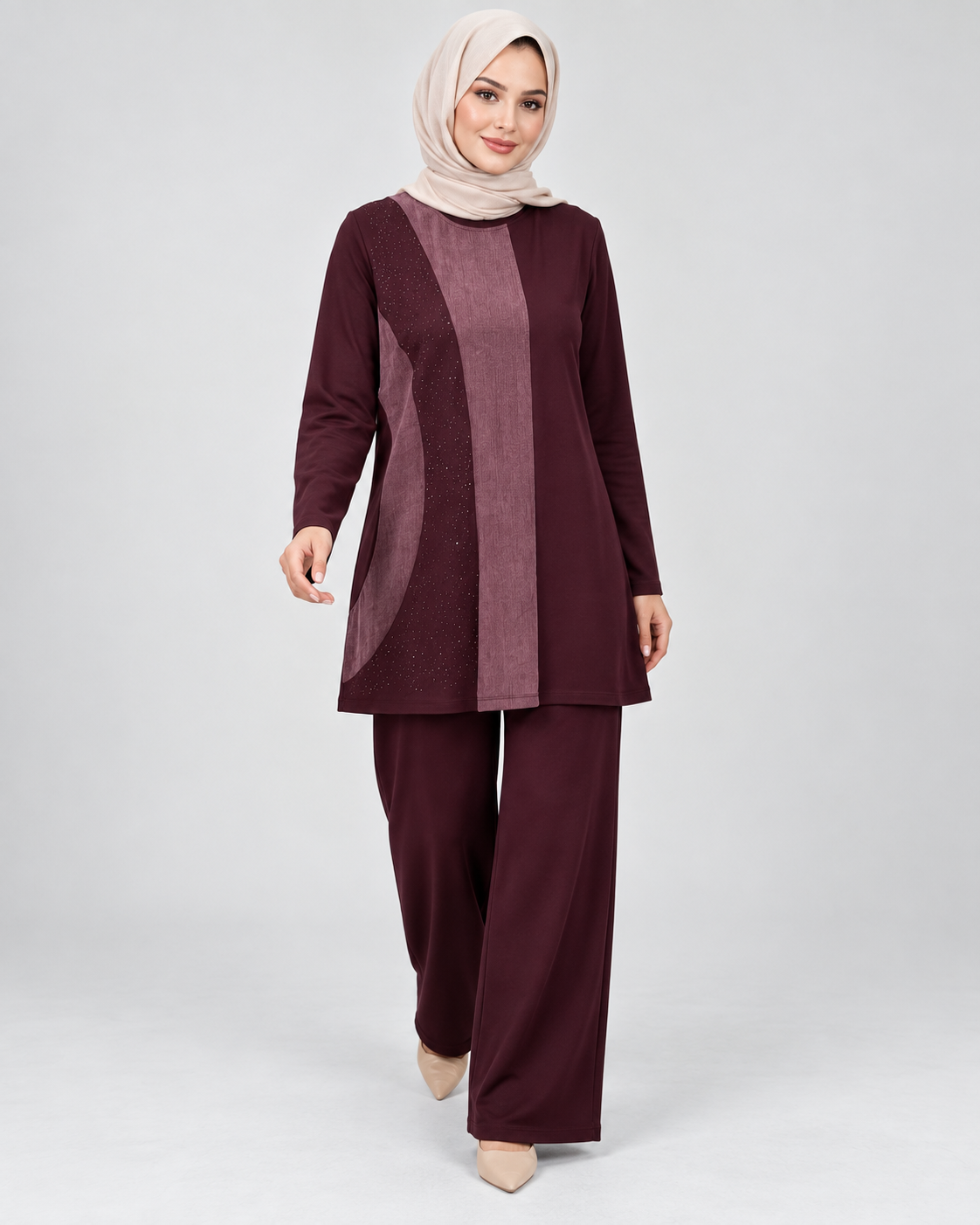 Renk Bloklu Taşlı Tunik Pantolon Takım - Bordo - 2. görsel