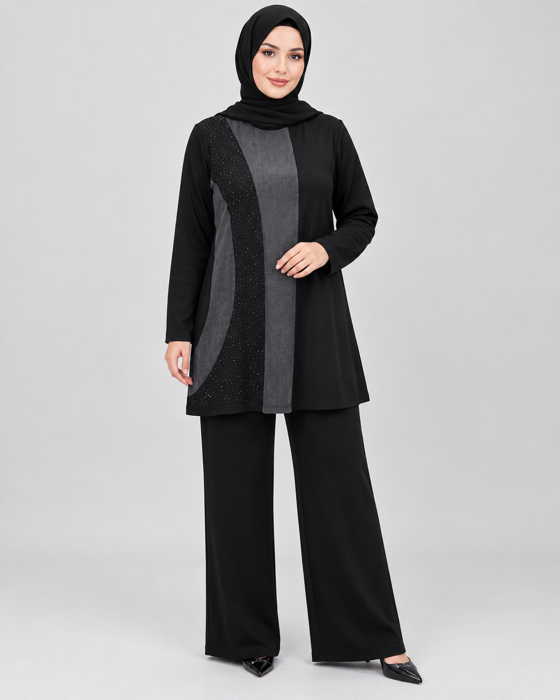 Renk Bloklu Taşlı Tunik Pantolon Takım - Siyah