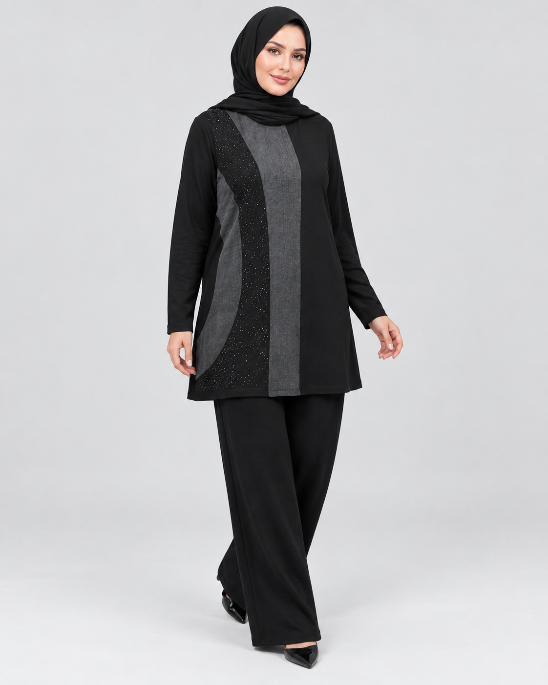 Renk Bloklu Taşlı Tunik Pantolon Takım - Siyah - 2. görsel