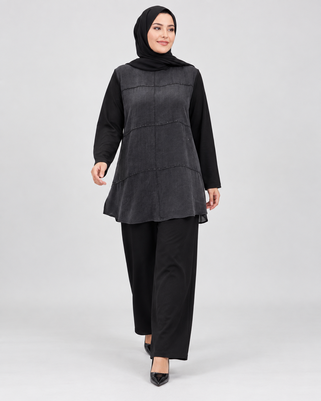 Süet Dokulu Tunik Pantolon Takım - Antrasit - 2. görsel