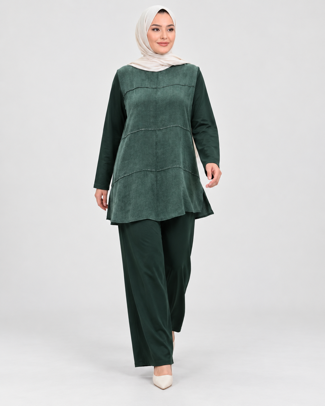 Süet Dokulu Tunik Pantolon Takım - Haki - 2. görsel