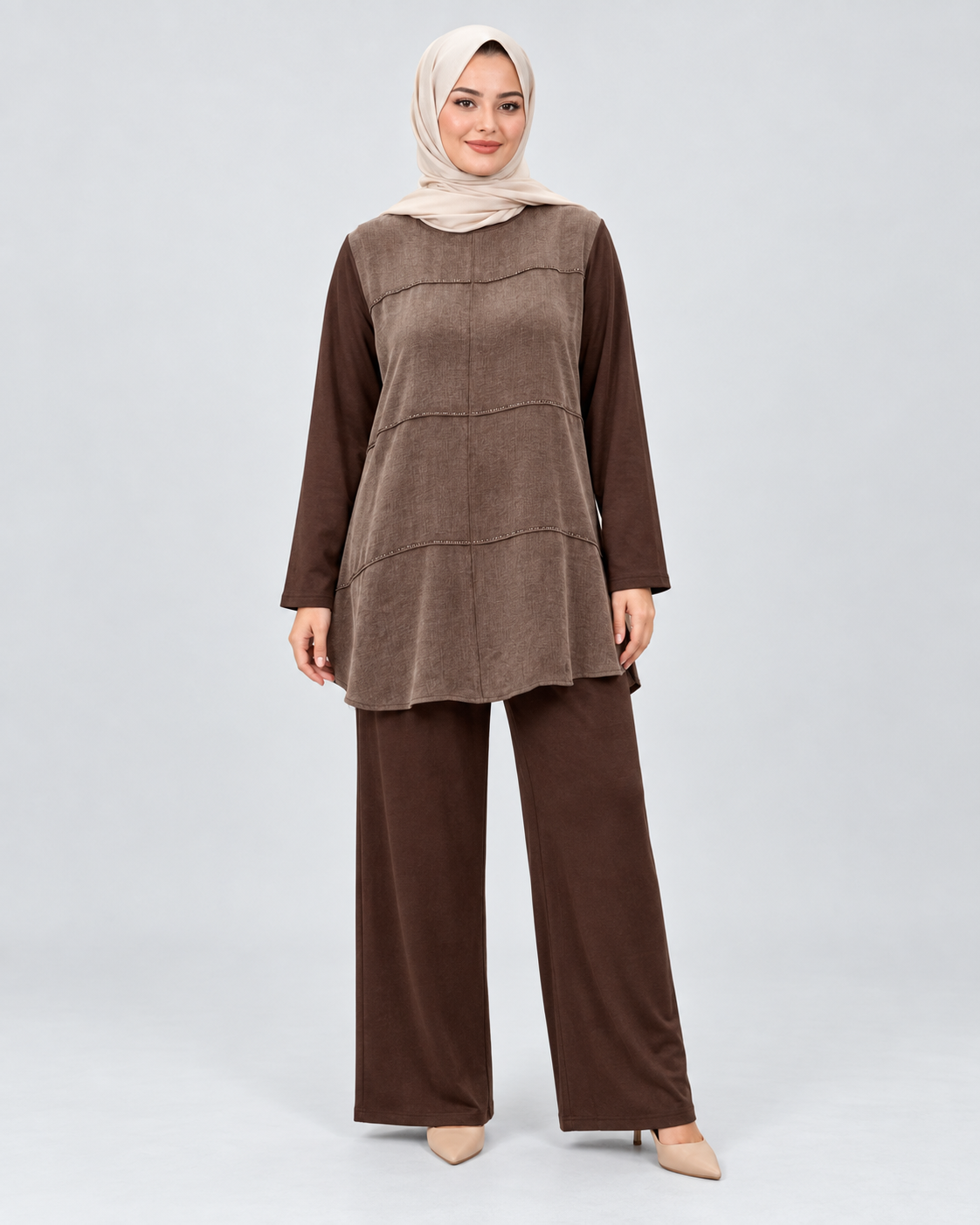 Süet Dokulu Tunik Pantolon Takım - Vizon