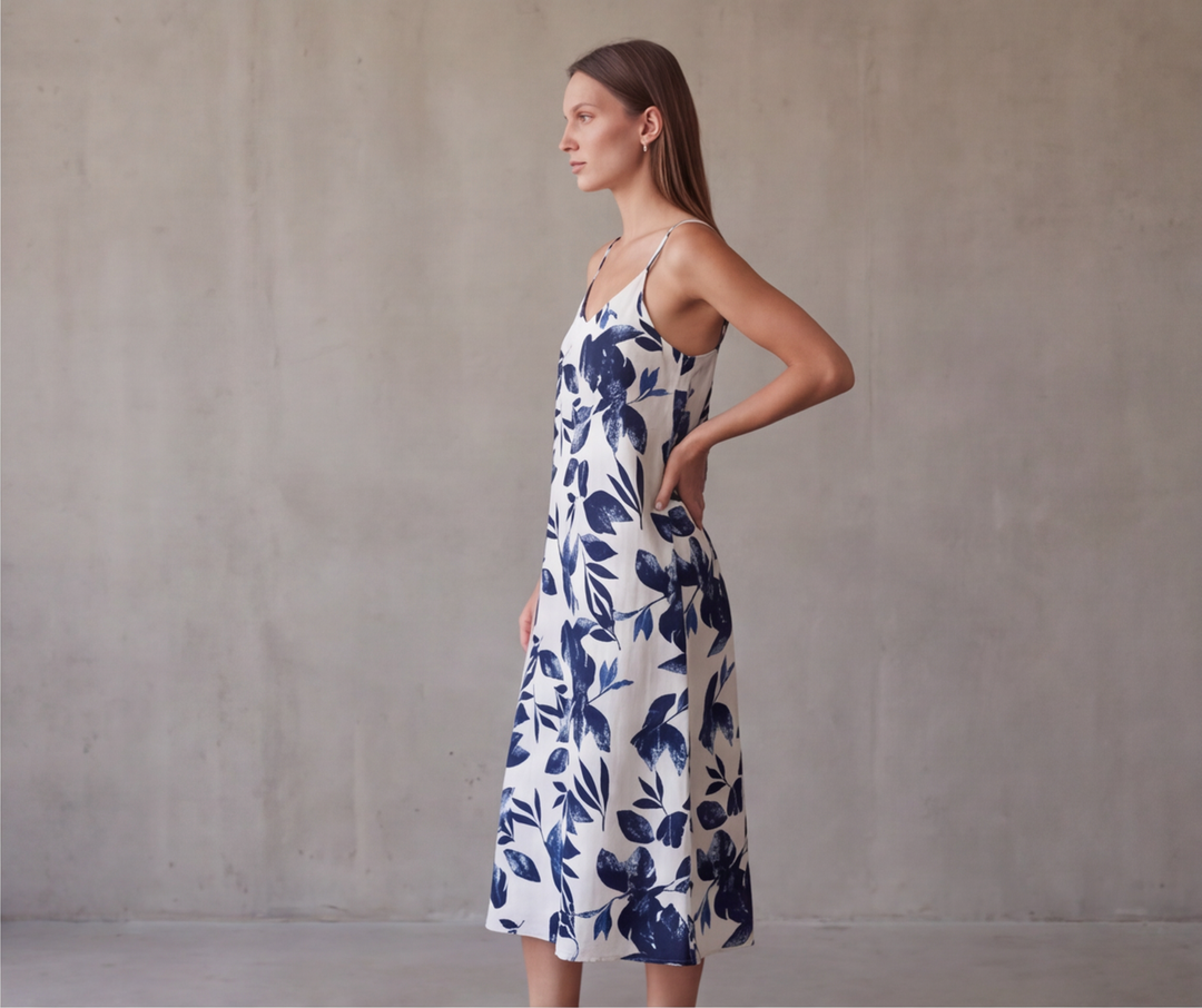 Lacivert önden pilili yaprak desenli ince askılı kadın elbise - 3. görsel