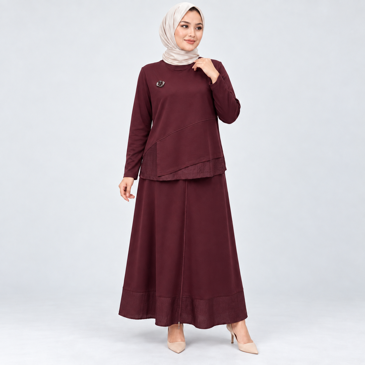 Asimetrik Kesim Bluz Etek Takım - Bordo