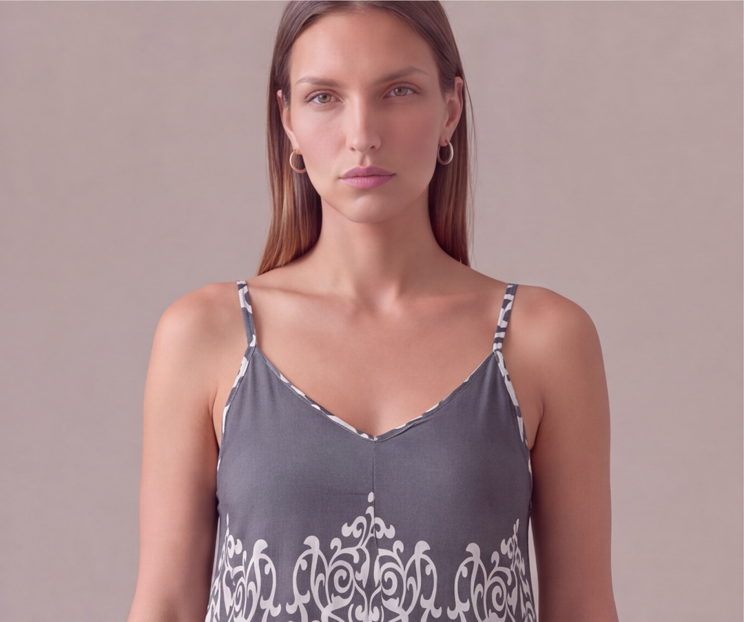 Gri damask barok desenli ip askılı uzun kadın elbise - 2. görsel
