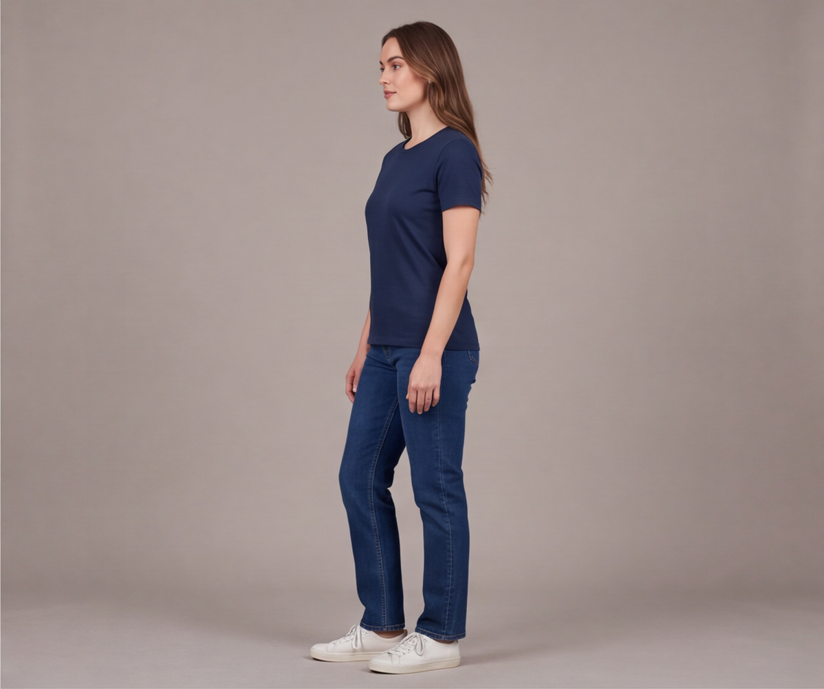 Lacivert basic yuvarlak yaka kısa kollu kadın tişört - 33. görsel