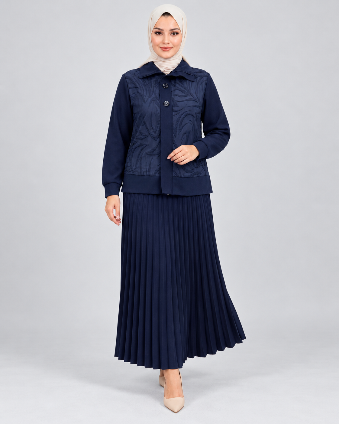 Dokulu Ceket Pileli Etek Takım - Lacivert - 2. görsel