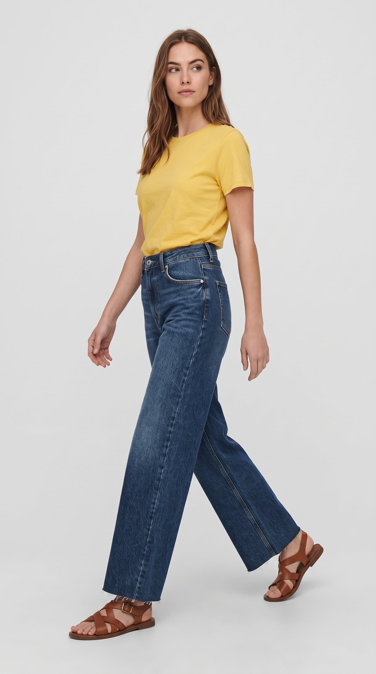 Koyu Mavi Kesik Paça Wide Leg Kot Pantolon - 3. görsel