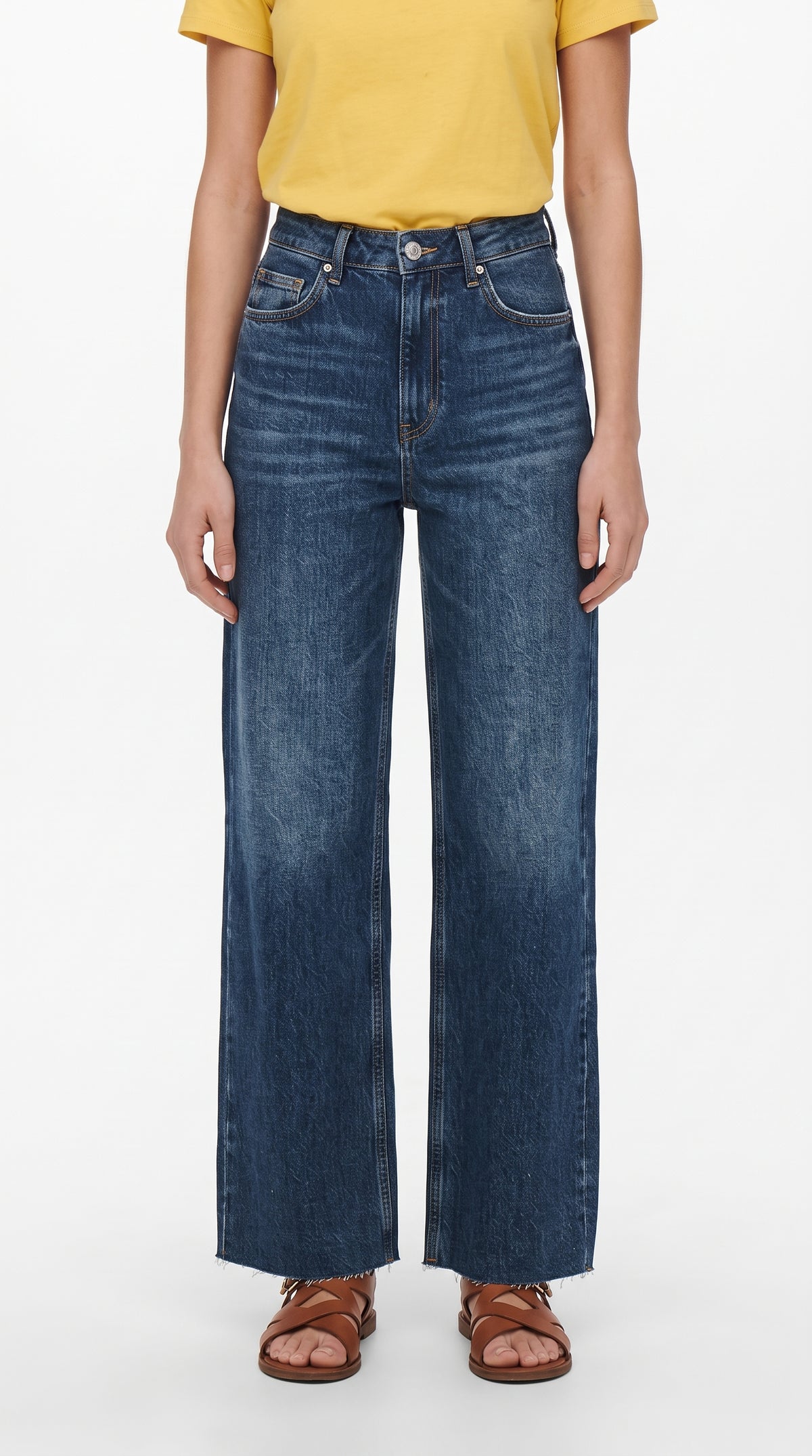 Koyu Mavi Kesik Paça Wide Leg Kot Pantolon - 4. görsel