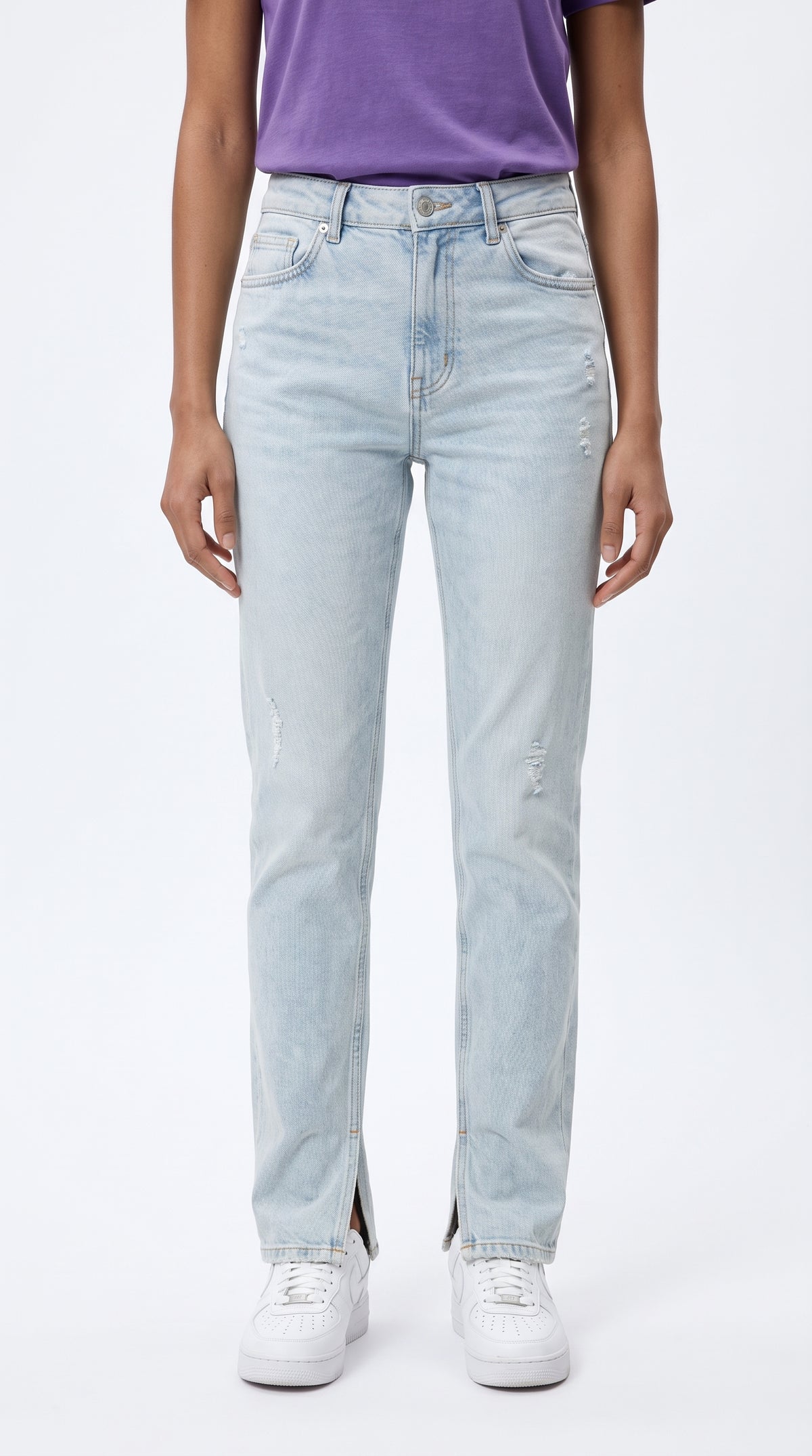 Paça Yırtmaçlı Buz Mavisi Straight Kot Pantolon - 4. görsel